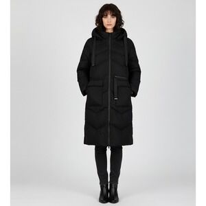 SAINT & SINNER Black Chevron Penguin Puffer Longline Hooded Coat UK 10 US S